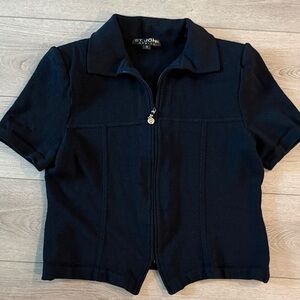 St. John Black Short-Sleeve Zip Knit Top